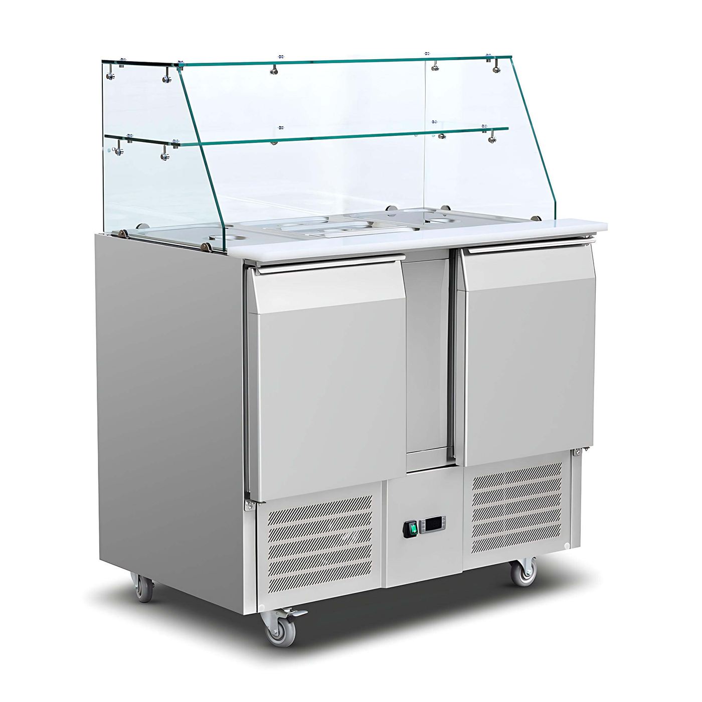 Refrigerated saladette prep table with glass cover