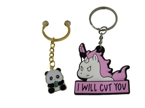 Custom soft PVC keychains including a panda charm and a unicorn key tag