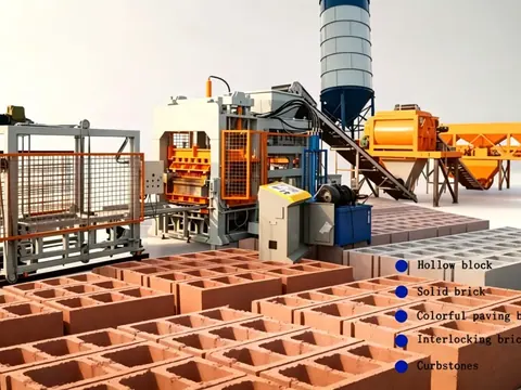Concrete block production line in a workshop with freshly moulded red paving blocks stacked on pallets