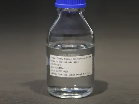 Cumyl hydroperoxide DKS L-80 sample in a clear laboratory bottle