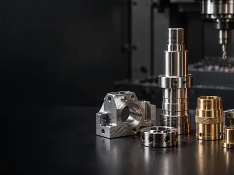Machined brass and steel components on a workbench in front of a milling machine