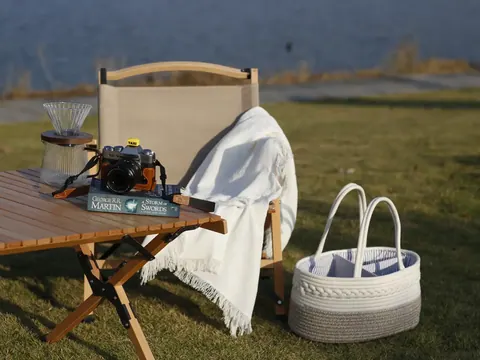 Folding camp chair and table outdoors