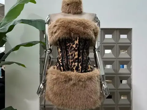 Sequin leopard corset mini dress with tan faux fur collar cuffs and skirt