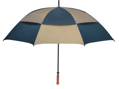 Navy and tan vented golf umbrella with a wooden handle, open against a white background