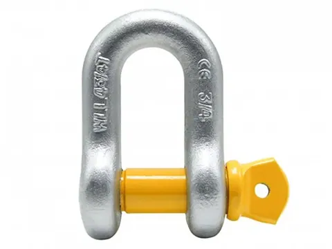 Galvanized steel bow shackle with a yellow pin, featuring size and brand markings on a white background