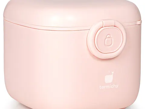 Pink 400g formula dispenser container with handle and closed lid