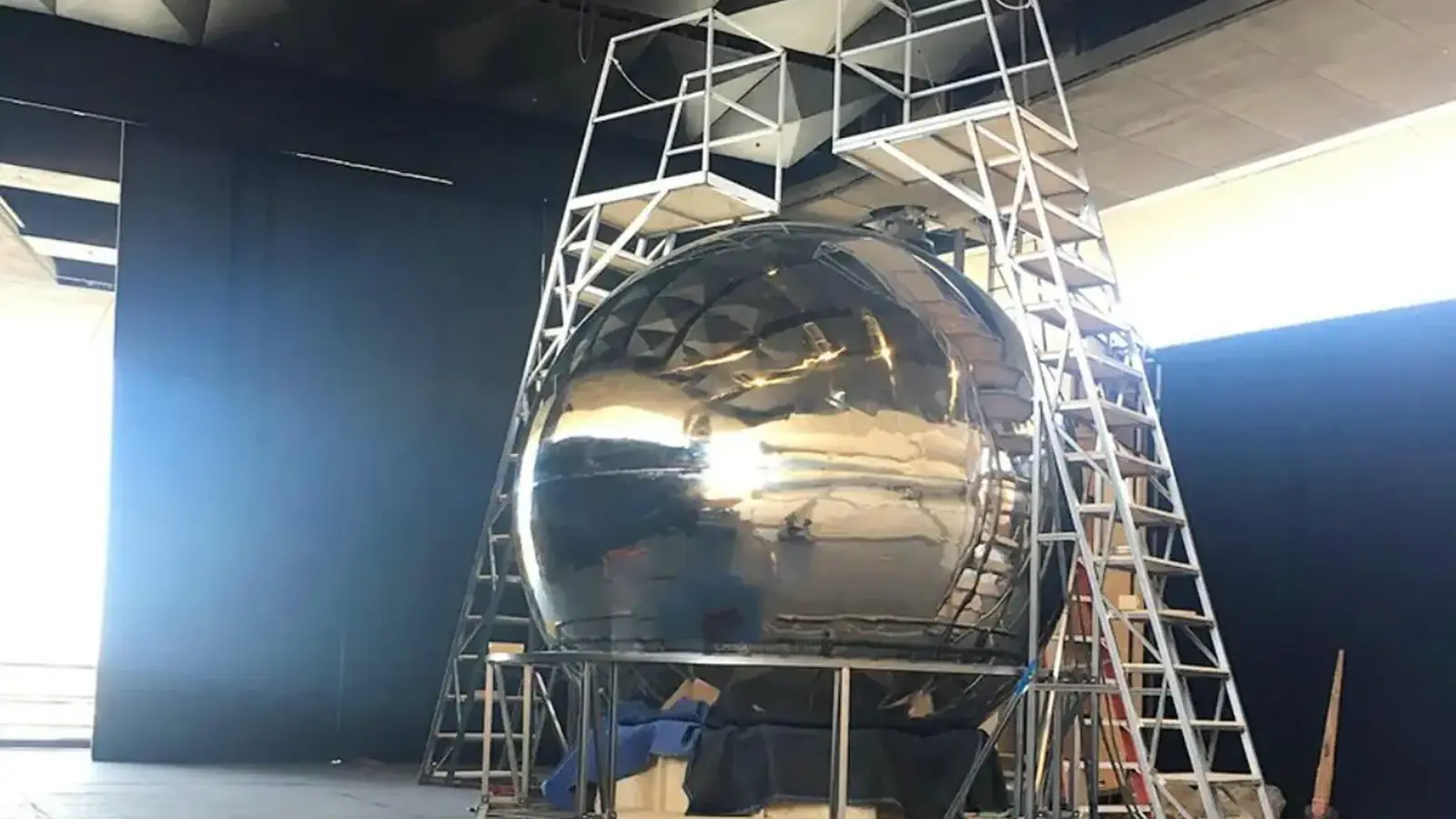 3.6 m stainless steel sphere under fabrication on scaffolding