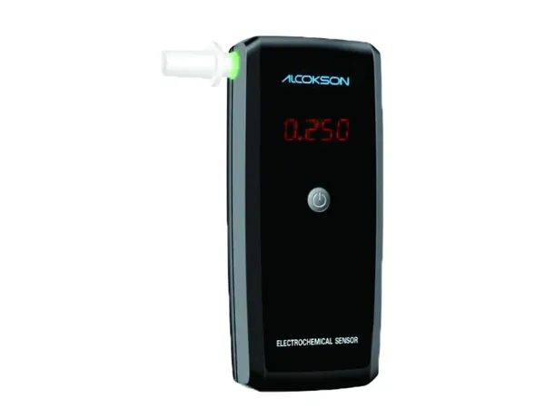 ALCOKSON ALC-213 breath alcohol tester showing a 0.250 reading on the LCD