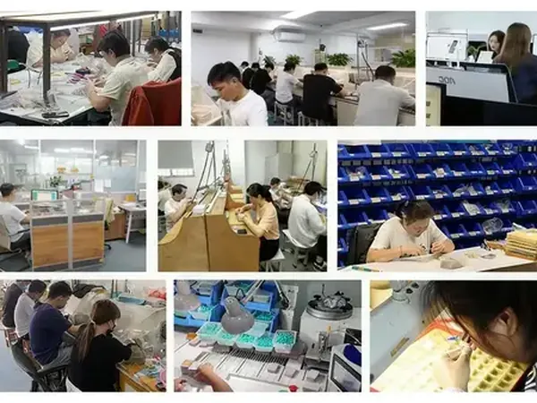 Nine views inside the BlueOne Jewelry workshop in Panyu, Guangzhou: setting, polishing and assembly benches