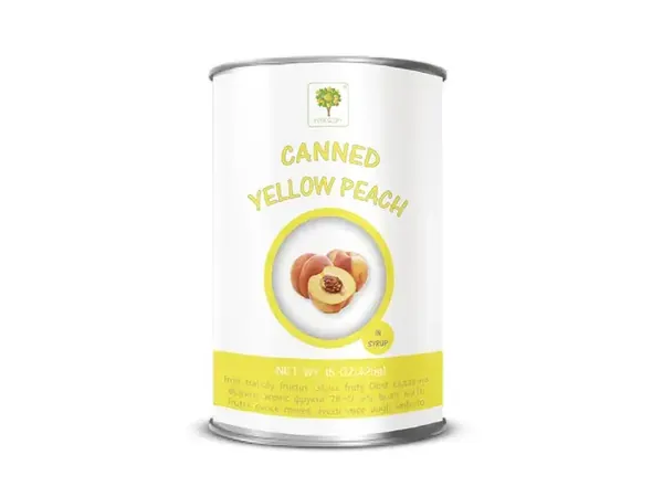 White and yellow tin can of canned yellow peaches in syrup — Ever Glory