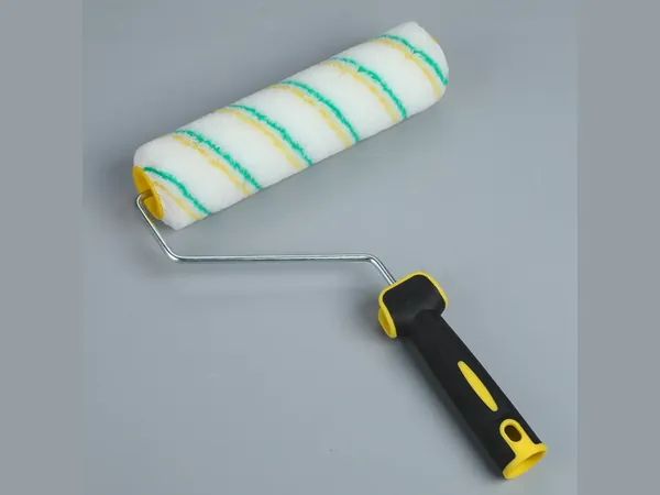 7 inch acrylic paint roller with yellow and green striped cover and black handle — FIGHTING
