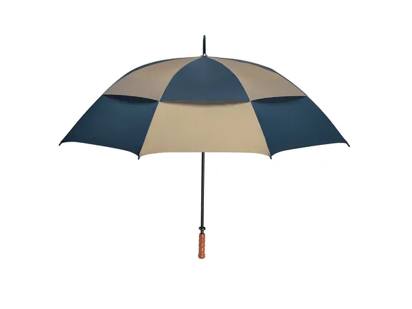 Navy and tan vented golf umbrella with a wooden handle, open against a white background — Levoo Outdoor (Shenzhen)