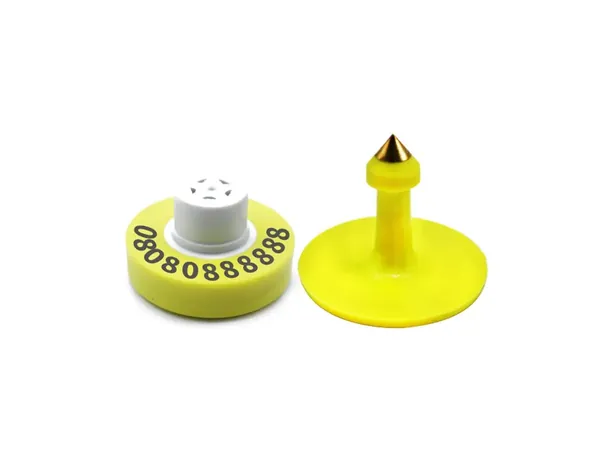 RBC-ET02-LF yellow LF cattle ear tag female and male parts on white background — Raybaca IoT Tech