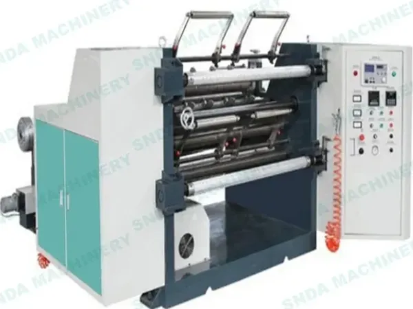 Industrial slitting and rewinding machine with metal rollers, control panel, and teal cabinet on white background — Wenzhou Snda Machinery