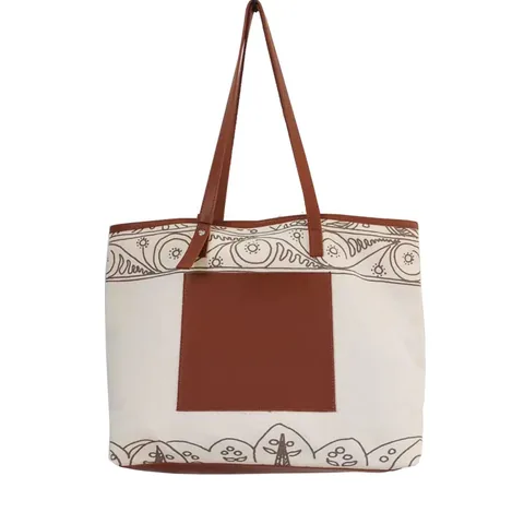 Canvas Shoulder Tote With Leather-Look Front Panel