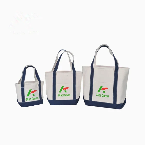 Set of canvas boat totes in three sizes showing boxed bases