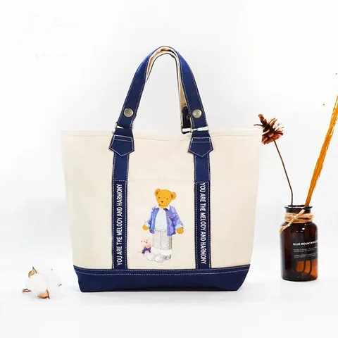 Canvas Tote With Front Graphic And Navy Trim