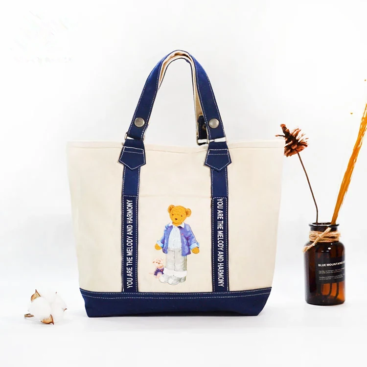 Canvas Tote With Front Graphic And Navy Trim