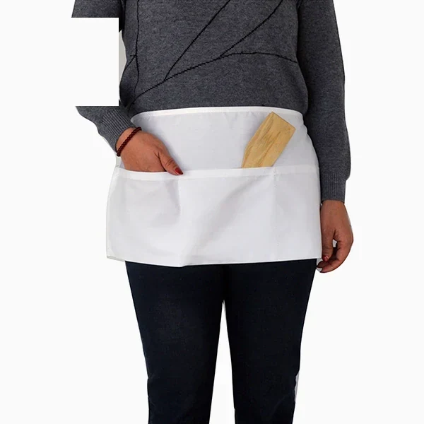 White short waist apron with three front pockets