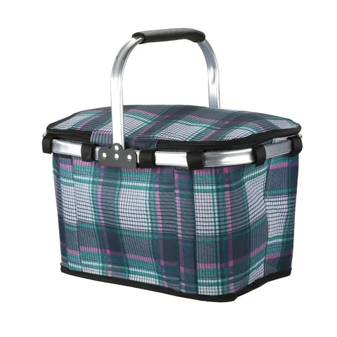 Folding Market Basket 41 x 24 x 23 cm In Green Plaid