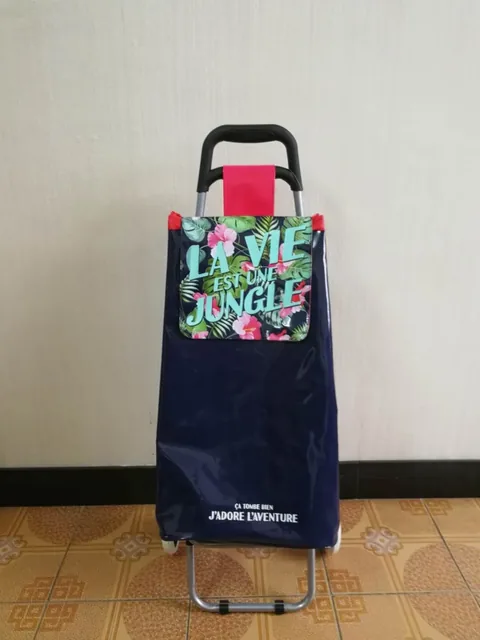 Folding Shopping Trolley In Navy With Jungle Print