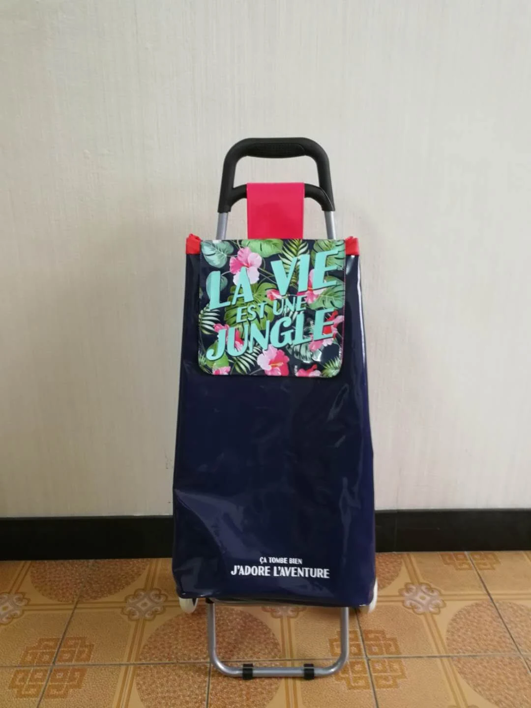 Folding Shopping Trolley In Navy With Jungle Print
