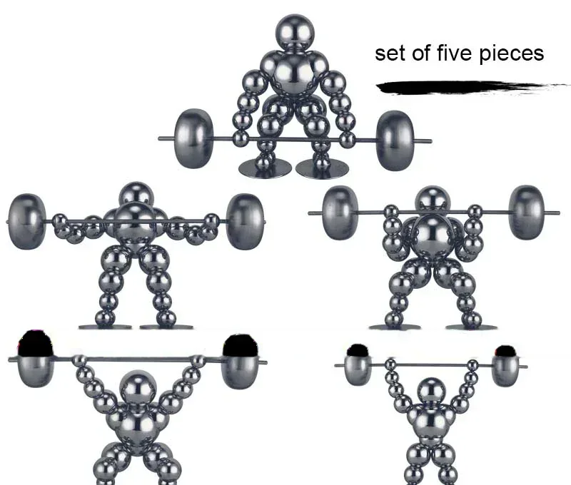 Five chrome magnetic ball weightlifter sculptures lifting barbell shapes, shown as a collage on white background
