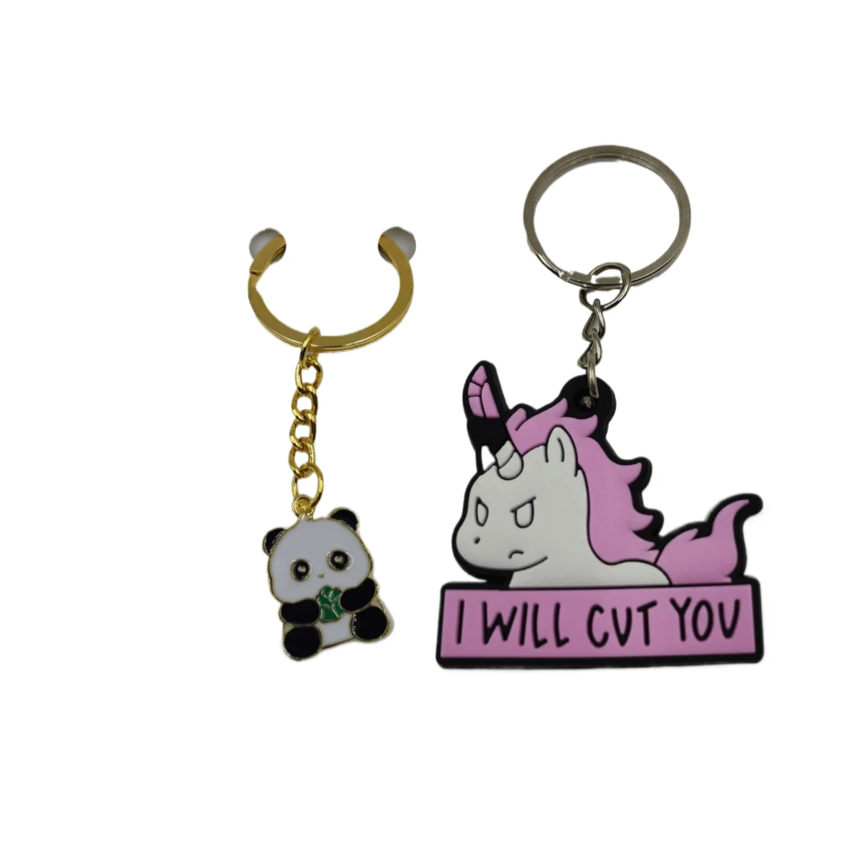 Custom soft PVC keychains including a panda charm and a unicorn key tag