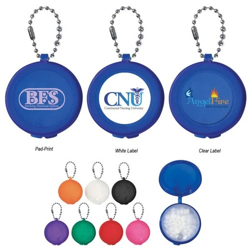 Customized Metal Keychain Collection showing a set of printed round, rectangular and bottle opener key tags