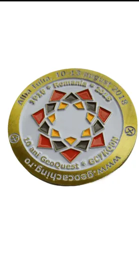 Enamel Inlay Challenge Coin show a gold coin with a colour enamel geometric inlay
