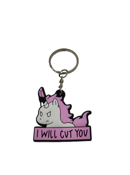 Unicorn Soft PVC Keychain showing a purple unicorn with a slogan banner