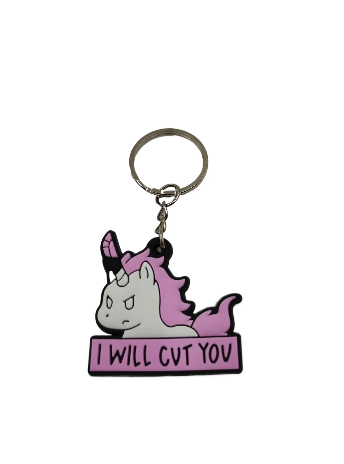 Unicorn Soft PVC Keychain showing a purple unicorn with a slogan banner