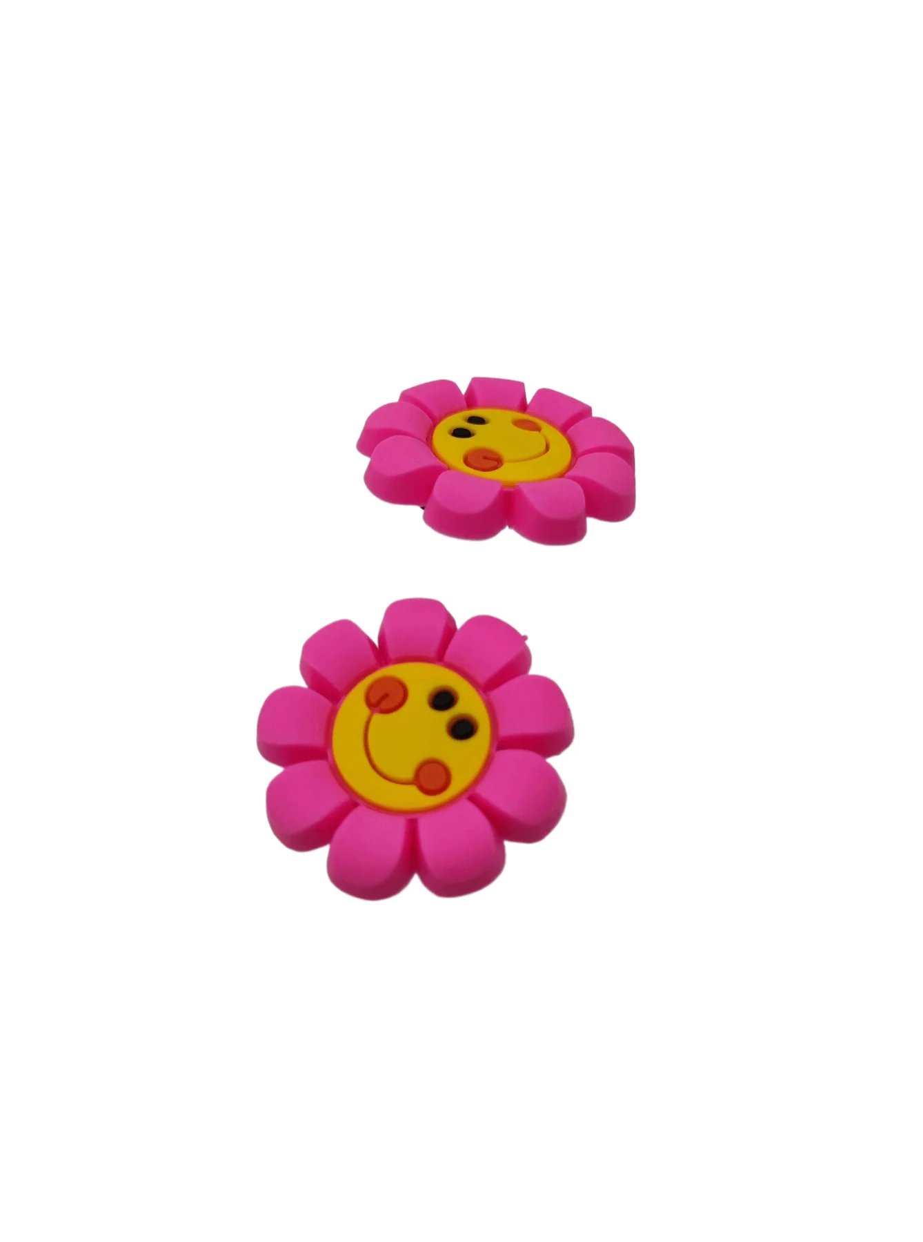 Pink Flower Soft PVC Shoe Charm showing a pink smiling flower