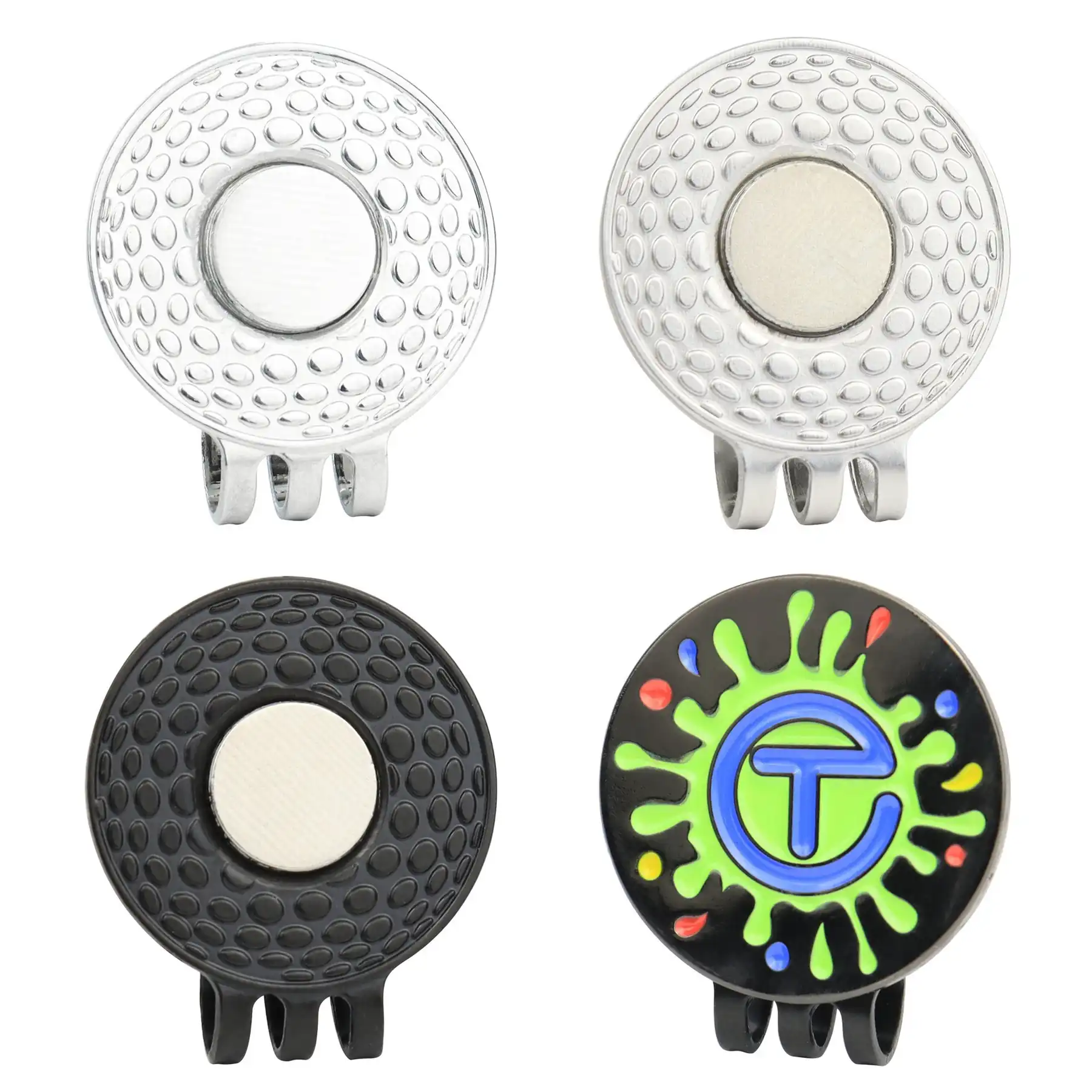 Black hat clip and enamel ball marker side by side