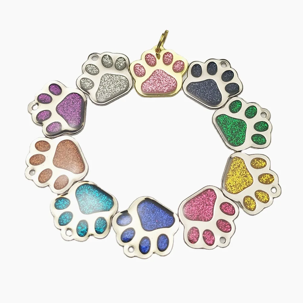 Personalised glitter paw pet tags for dogs and cats