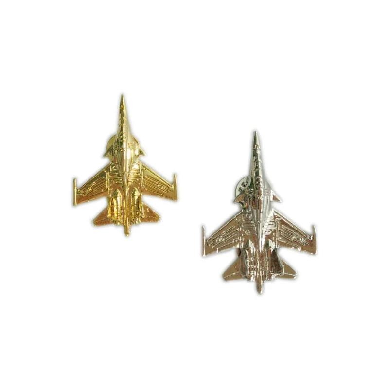 Silver 3D airplane lapel pin front and back showing twin clutches