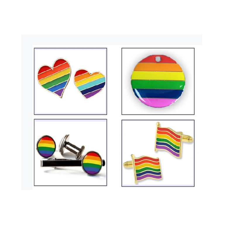 Pins de esmalte macio arco-íris, abotoaduras e clipe de gravata