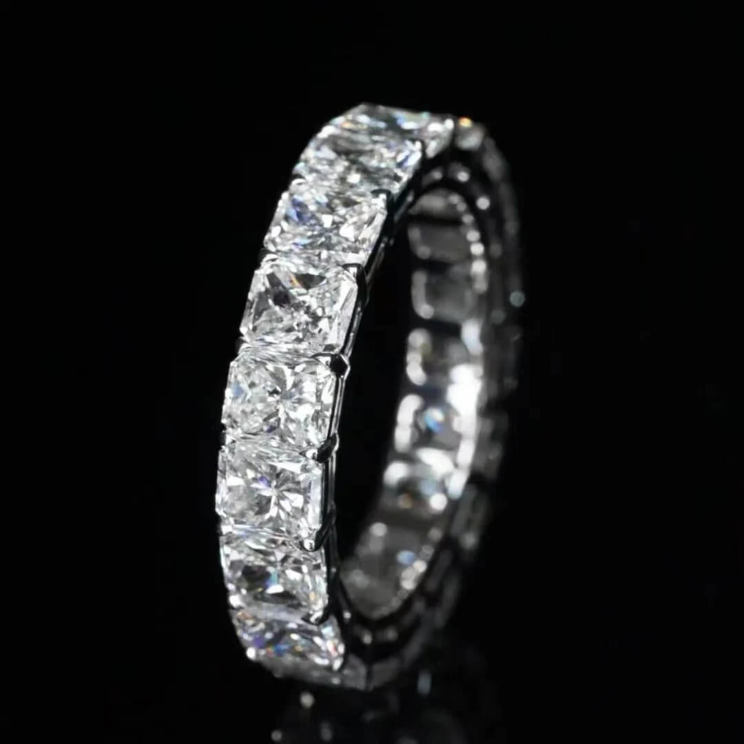 5.7ct Radiant Cut Diamond Eternity Band photographed at the BH Jewelry workshop in Shenzhen