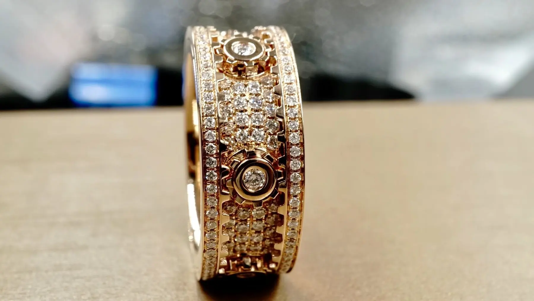 Handmade Geometric 3D Spinner Diamond Band Ring photographed at the BH Jewelry workshop in Shenzhen
