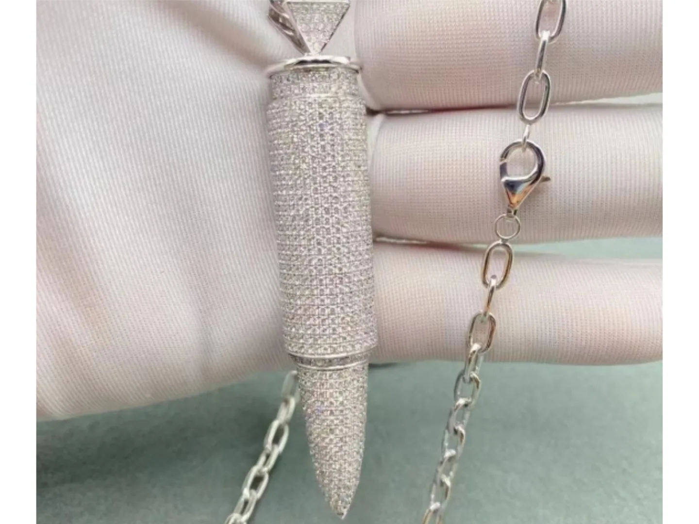 Pavé Diamond Bullet Pendant Necklace photographed at the BH Jewelry workshop in Shenzhen