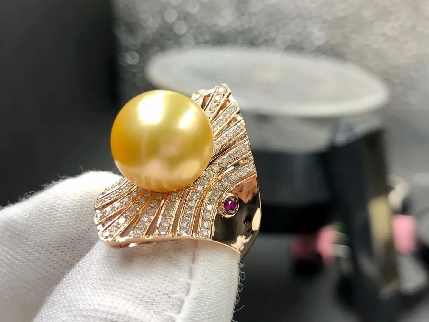 South Sea Golden Pearl And Diamond Ring photographed at the BH Jewelry workshop in Shenzhen