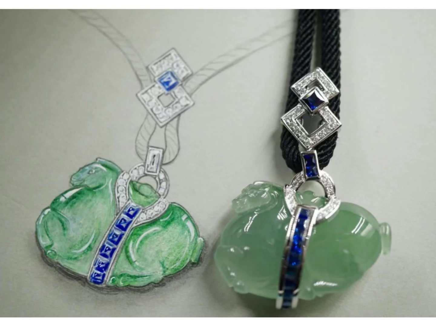 A carved light green jadeite pendant with diamond accents made by BH Jewelry
