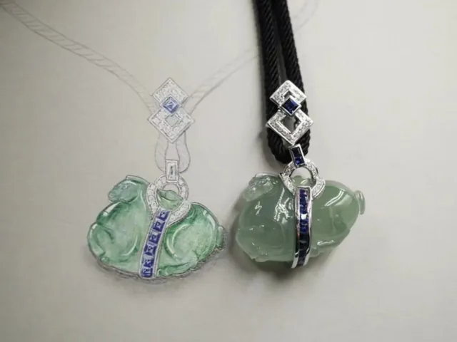 Carved light green jadeite pendants with diamond-set bails made by BH Jewelry