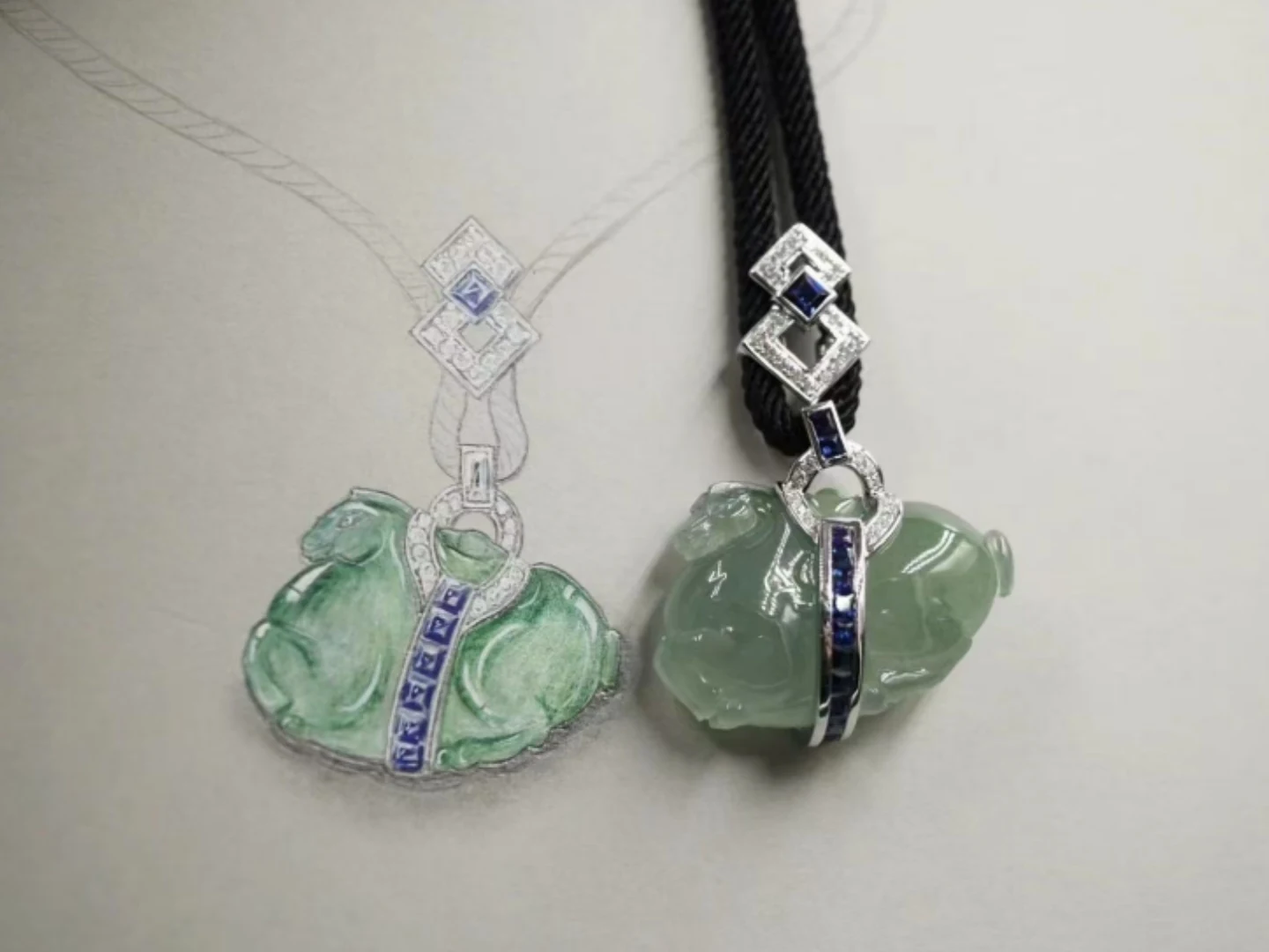 Carved light green jadeite pendants with diamond-set bails made by BH Jewelry