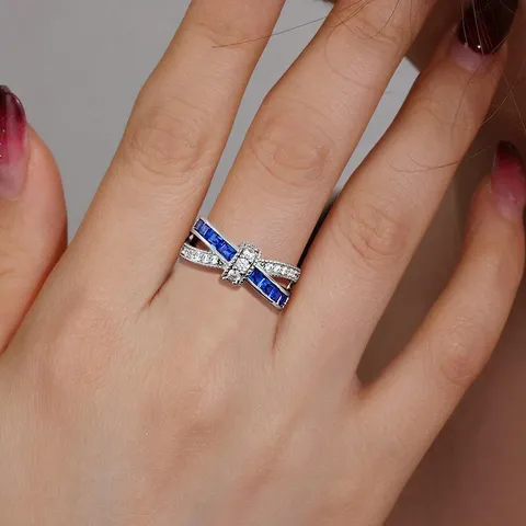 6-10 Inch Fashion White Gold Setting Channel Set Sapphire Zirconia Crossover Ring - view 2