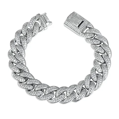 7.5-8.5 Inch 15mm Hip Pop Mia Cuban Bracelet Cubic Zirconia - Plated Brass jewelry made by BlueOne Jewelry