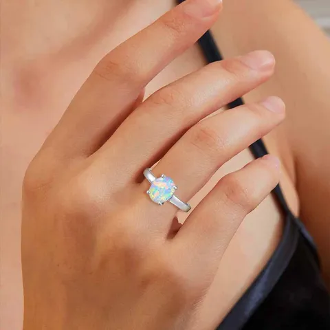 Com S925 Sterling Silver Solitaire White Opal Ring Fashion Simple Gemstone - view 2