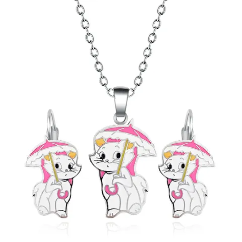 Cartoon Alloy Oil Drop Mary Cat Necklace & Earrings Set - Plated Brass jewelry made by BlueOne Jewelry