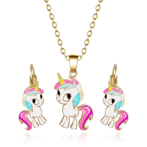 Cartoon Alloy Oil Drops Unicorn Necklace and Earrings Set - Plated Brass jewelry made by BlueOne Jewelry