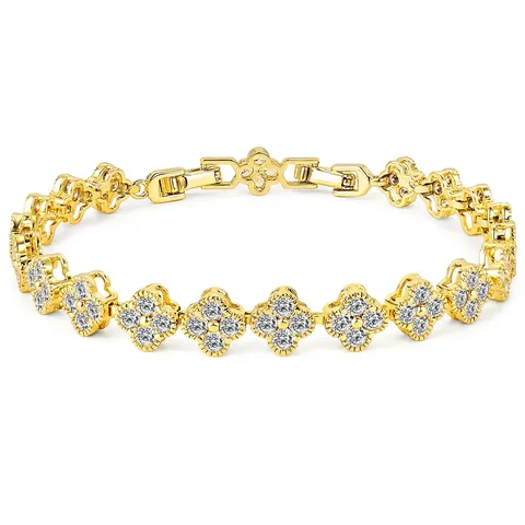 Cubic Zircon Set Four-leaf Clover Bracelet Beauty Style Dating Hundreds of - Plated Brass jewelry made by BlueOne Jewelry